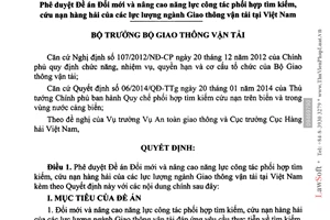 Quyết định 2030/QĐ-BGTVT phối hợp tìm kiếm cứu nạn hàng hải lực lượng Giao thông vận tải Việt Nam