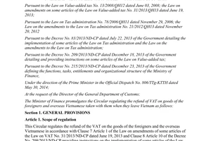 Circular No. 72/2014/TT-BTC refund of value added tax foreigners overseas Vietnamese that taken with them upon exit