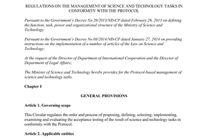 Circular No.12/2014/TT-BKHCN management of science and technology tasks in conformity with the Protocol