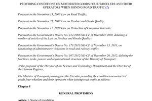 Circular No. 16/2014/TT-BGTVT conditions on motorized goods four-wheelers and their operators