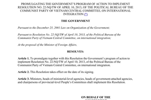 Resolution No. 31/NQ-CP 2014 program of action to implement Resolution No. 22-NQ/TW