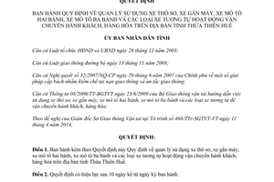 Quyết định 22/2014/QĐ-UBND quản lý xe thô sơ gắn máy mô tô vận chuyển hành khách hàng hóa Thừa Thiên Huế
