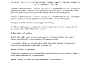 Circular No. 15/2014/TT-BGTVT the routes for transportation of goods in transit through the Vietnamese territory