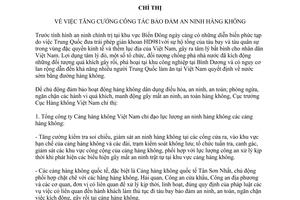 Chỉ thị 1628/CT-CHK 2014 bảo đảm an ninh hàng không Cục Hàng không Việt Nam