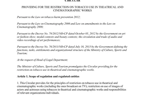 Circular No. 02/2014/TT-BVHTTDL restriction on tobacco use in theatrical and cinematographic works