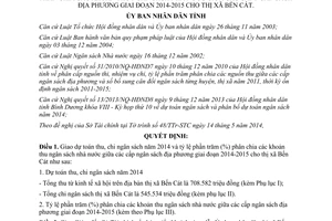 Quyết định 15/2014/QĐ-UBND giao dự toán thu chi ngân sách 2014 tỷ lệ phần trăm phân chia Bến Cát Bình Dương