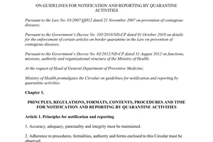 Circular No. 15/2014/TT-BYT on guidelines for notification reporting by quarantine activities