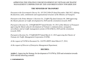 Decision 1834/QĐ-BGTVT strategy development Vietnam Air Traffic Management Corporation 2020 2030
