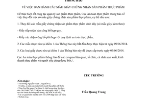 Thông báo 1114/TB-ATTP 2014 mẫu Giấy chứng nhận sản phẩm thực phẩm