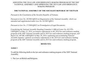 Resolution No. 70/2014/QH13 adjusting the 2014 and approving the 2015 law-and ordinance-making program