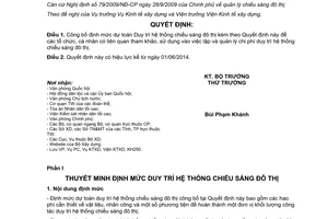 Quyết định 594/QĐ-BXD 2014 Định mức dự toán Duy trì hệ thống chiếu sáng đô thị