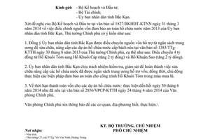 Công văn 3091/VPCP-KTTH 2014 điều chuyển nguồn vốn đảm bảo an toàn hồ chứa nước 2013 Bắc Kạn