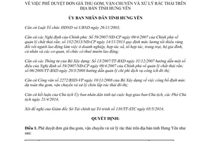 Quyết định 760/QĐ-UBND 2014 phê duyệt đơn giá thu gom vận chuyển xử lý rác thải Hưng Yên