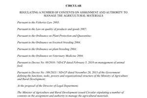 Circular No. 20/2014/TT-BNNPTNT assignment and authority to manage the agricultural materials