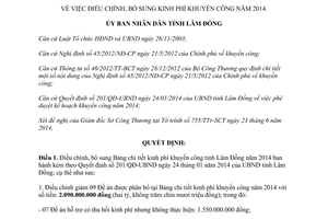 Quyết định 1397/QĐ-UBND 2014 điều chỉnh kinh phí khuyến công Lâm Đồng