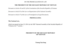 Order No. 12/2014/L-CTN promulgation of The Customs Law
