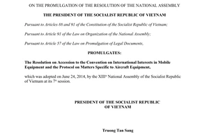 Order No. 13/2014/L-CTN The Resolution on Accession to the Convention on International in Mobile Equipment