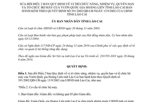 Quyết định 21/2014/QĐ-UBND sửa đổi nhiệm vụ quyền hạn tổ chức bộ máy Vườn Quốc gia Hoàng Liên Lào Cai