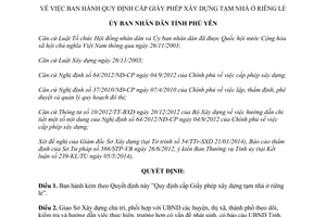 Quyết định 15/2014/QĐ-UBND cấp Giấy phép xây dựng tạm nhà ở riêng lẻ Phú Yên