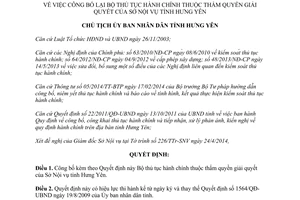 Quyết định 873/QĐ-CTUBND 2014 công bố lại Bộ thủ tục hành chính Sở Nội vụ Hưng Yên