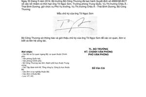 Thông báo 233/TB-BCT 2014 giới thiệu chức danh chữ ký Phó Vụ trưởng Vụ Thị trường Châu Á Thái Bình Dương