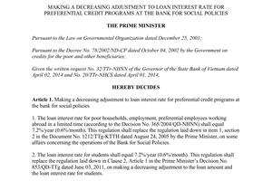 Decision No. 872/QD-TTg dated 2014 making a decreasing adjustment to loan interest rate at the bank for social policies
