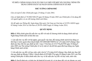 Quyết định 872/QĐ-TTg 2014 giảm lãi suất cho vay tín dụng Ngân hàng Chính sách xã hội