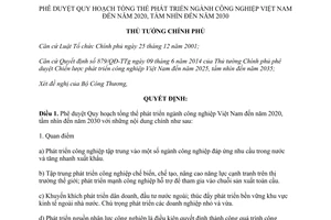 Quyết định 880/QĐ-TTg 2014 Quy hoạch tổng thể phát triển công nghiệp đến 2020 tầm nhìn 2030