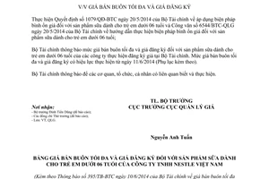 Thông báo 395/TB-BTC 2014 giá bán buôn tối đa giá đăng ký sữa cho trẻ dưới 06 tuổi