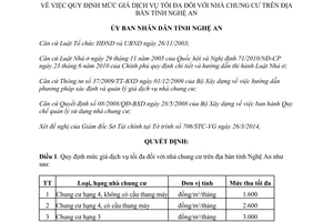 Quyết định 2584/QĐ-UBND 2014 mức giá dịch vụ tối đa đối với nhà chung cư Nghệ An