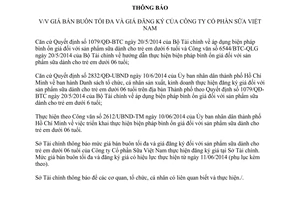 Thông báo 5067/TB-STC 2014 giá bán buôn tối đa giá đăng ký Công ty Cổ phần Sữa Việt Nam Hồ Chí Minh