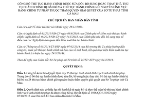 Quyết định 907/QĐ-UBND 2014 thủ tục hành chính sửa đổi thay thế bãi bỏ Hành chính tư pháp Sở Tư pháp Cà Mau