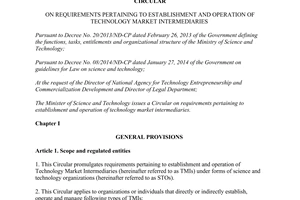 Circular No. 16/2014/TT-BKHCN establishment and operation of technology market intermediaries