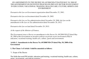 Decree No. 59/2014/ND-CP amendments No. 69/2008/ND-CP on incentive policies