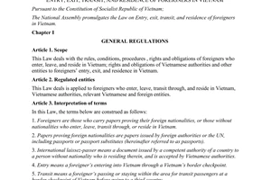 Law No.47/2014/QH13 dated 2014 entry exit transit residence of foreigners in VietNam