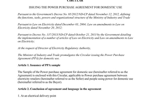Circular No. 19/2014/TT-BCT the power purchase agreement for domestic use
