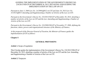 Circular No. 78/2014/TT-BTC guiding Decree No. 218/2013/ND-CP guiding Law on enterprise income tax