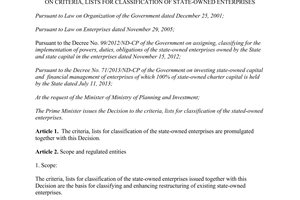 Decision 37/2014/QD-TTg  on criteria lists for classification of state-owned enterprises