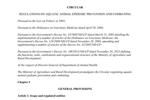 Circular No. 17/2014/TT-BNNPTNT regulations aquatic animal epidemic prevention and combating