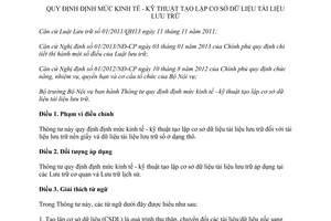 Thông tư 04/2014/TT-BNV định mức kinh tế kỹ thuật tạo lập cơ sở dữ liệu tài liệu lưu trữ