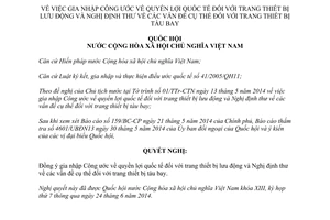 Nghị quyết 73/2014/QH13 gia nhập Công ước quyền lợi trang thiết bị lưu động Nghị định thư trang thiết bị tàu bay