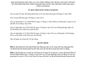 Quyết định 16/2014/QĐ-UBND Bảng giá tính bồi thường thiệt hại khi Nhà nước thu hồi đất Cao Bằng