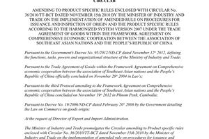 Circular No. 21/2014/TT-BCT amending to product specific rules enclosed with Circular No. 36/2010/TT-BCT
