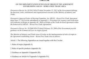 Circular No. 20/2014/TT-BCT rules of origin in the Agreement establishing Asean Korea free trade area