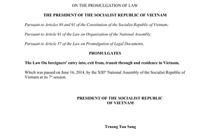 Order No. 04/2014/L-CTN promulgation of The Law On foreigners’ exit from transit through in Vietnam