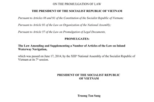 Order No. 05/2014/L-CTN promulgation of The Law Amending of the Law on Inland Waterway Navigation