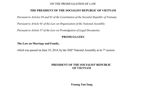 Order No. 07/2014/L-CTN promulgation of The Law on Marriage and Family