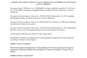 Circular No. 83/2014/TT-BTC guiding the application of value-added tax according to Vietnam’s list of imports