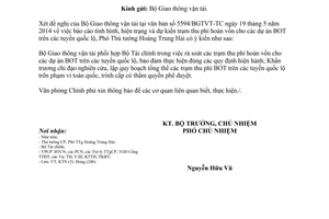 Công văn 4202/VPCP-KTN 2014 hiện trạng dự kiến trạm thu phí hoàn vốn BOT quốc lộ