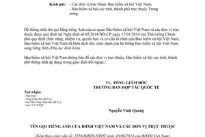Công văn 2156/BHXH-HTQT 2014 tên gọi tiếng Anh Bảo hiểm xã hội Việt Nam các đơn vị trực thuộc